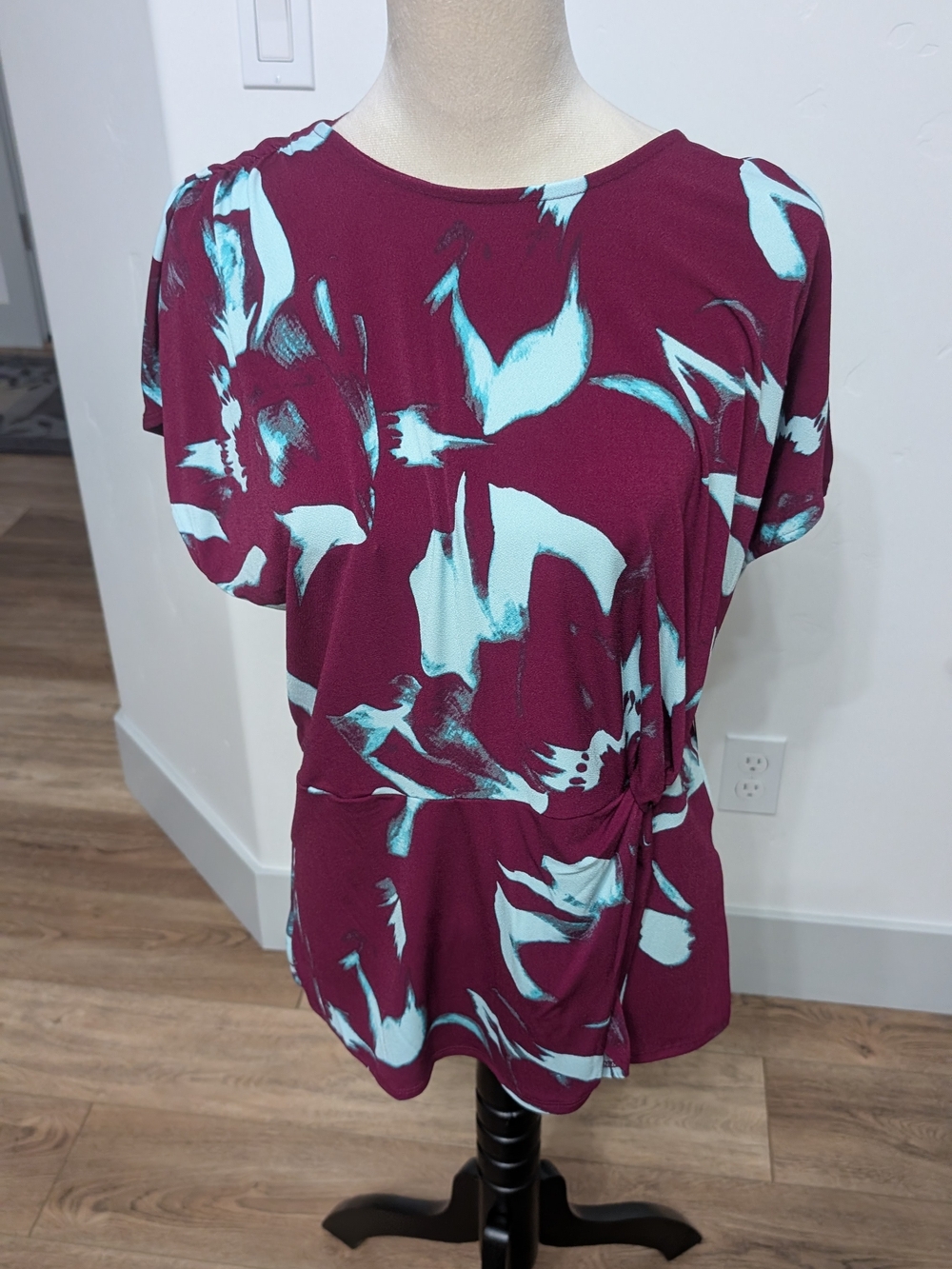 INC International Concepts Burgundy Floral Tie-Detail Short Sleeve Top